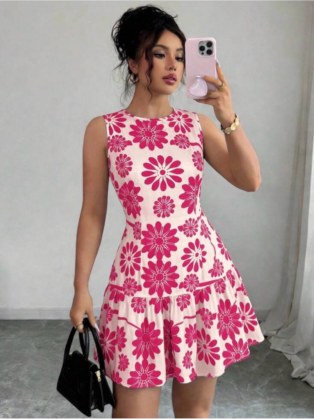 Sleeveless Pink Floral Fit & Flare Dress